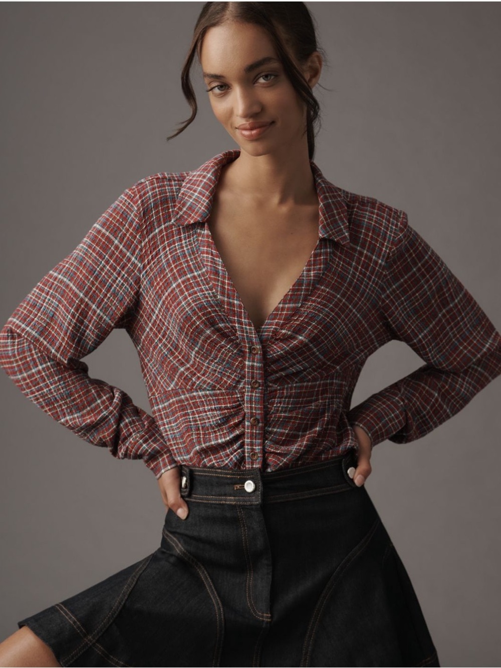 Pilcro Red Plaid Ruched Button-Down Shirt